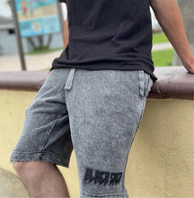 Load image into Gallery viewer, Grey “washed” shorts with Black embroidered
